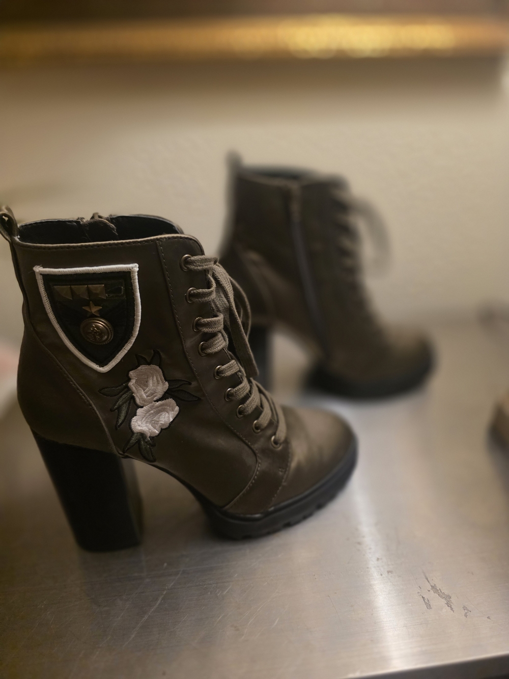 Steve Madden Olive Lace-Up Embroidered Combat Heels